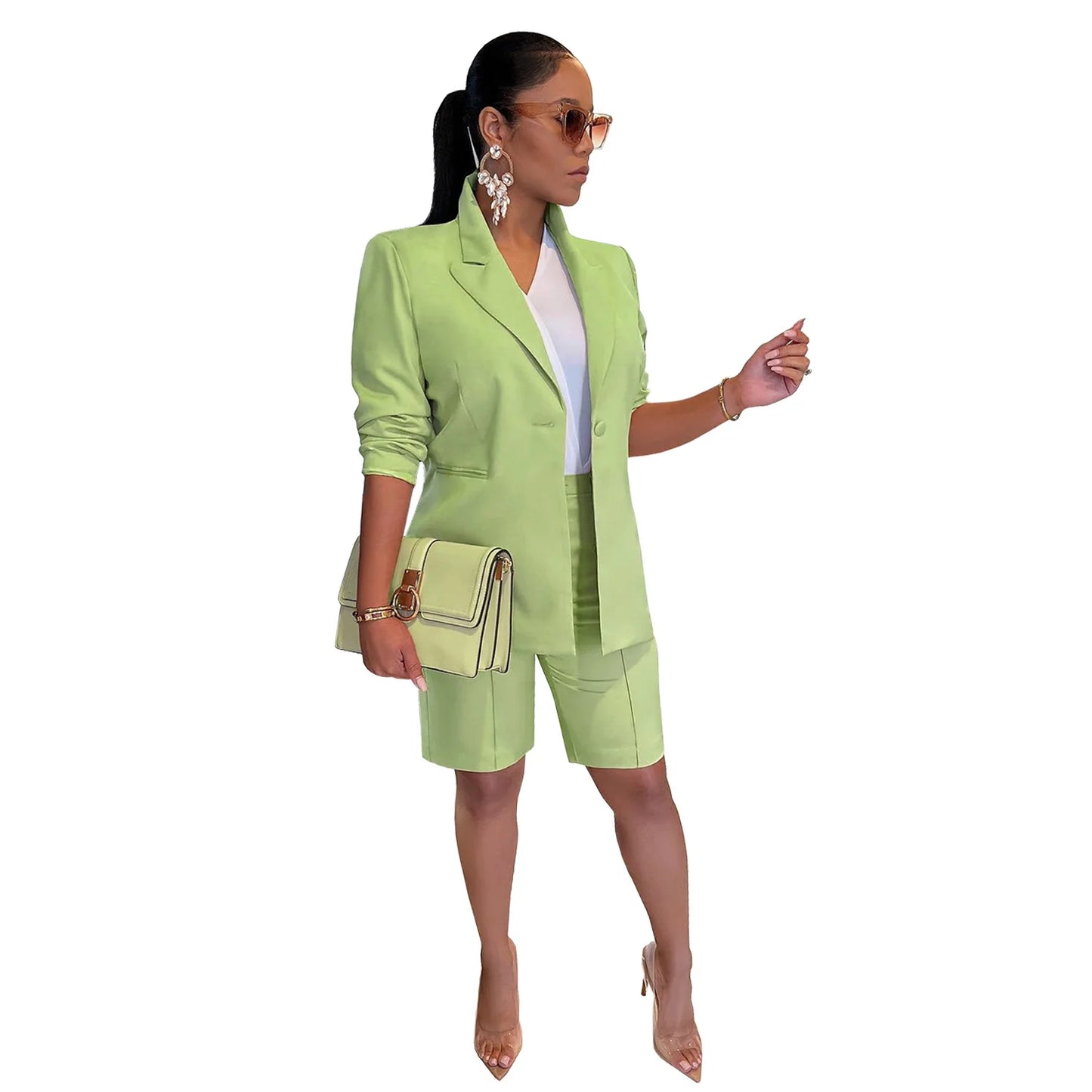 Office Lady Elegant Business Suits Solid Casual Two Piece Set For Women Matching Sets Outfits Long Sleeve Blazer Coat And Shorts