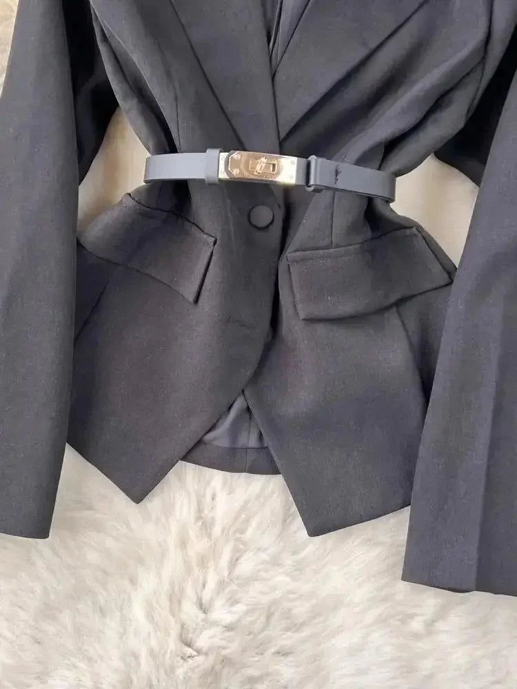 Pop 2024 Fashion Designer Suit Set Women's Notched Khaki Blazer Belt Jacket Coat + Midi Tulle Mesh Cake Skirt Two Piece Outfits