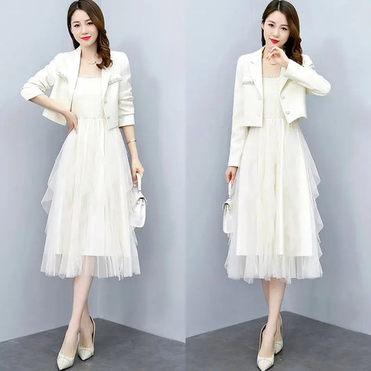 2025 Spring Autumn New Diamond-studded Short Suit Coat Dress Two-piece Women's Elegant Blazers Slim Suspender Mesh Skirt Set