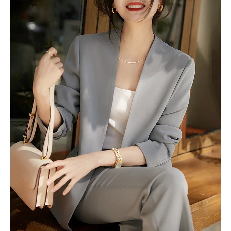 V-neck Outfits Casual Blazers Suits Slit Crop Flare Pants Sets Women Solid Triacetate Spring Autumn Slight Streh Elastic Waist