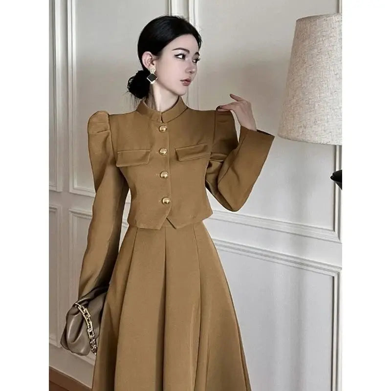 Insozkdg Elegant Long Skirt Set Women Korean Fashion Vintage Office Lady Chic Formal Occasion Casual Slim Evening Two Piece Suit
