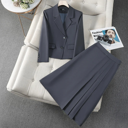 ZJYT Autumn Winter Women Blazer Suit Jacket and Skirt Two Pieces Matching Sets Office Lady Vintage Casual Suits Plus Size Outfit