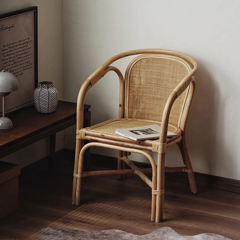 Indonesian Natural Rattan Armchair Home Furniture For Elderly Woven Backrest Chair With Single Sofa For Balcony Leisure