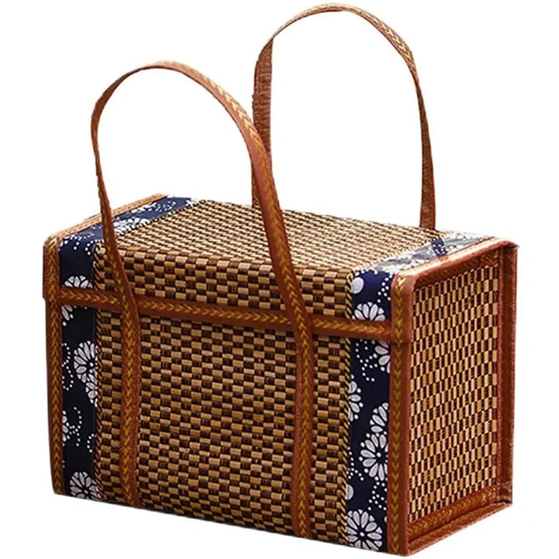 NOCM Picnic Woven Basket Wicker Storage Bag Handle Folded Fruit Shopping Food Handle Rattan Grass Foldable Bamboo Basket