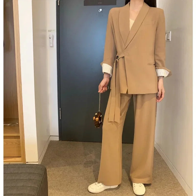 Insozkdg Vintage Two Piece Sets Lapel Loose Lace-up Blazers Tops + Wide Leg Pants Set 2024 Autumn Female Outfits Suit Set Women