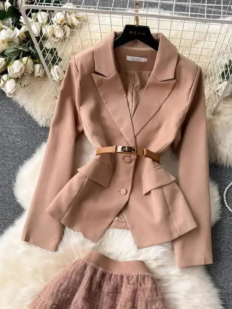 Pop 2024 Fashion Designer Suit Set Women's Notched Khaki Blazer Belt Jacket Coat + Midi Tulle Mesh Cake Skirt Two Piece Outfits