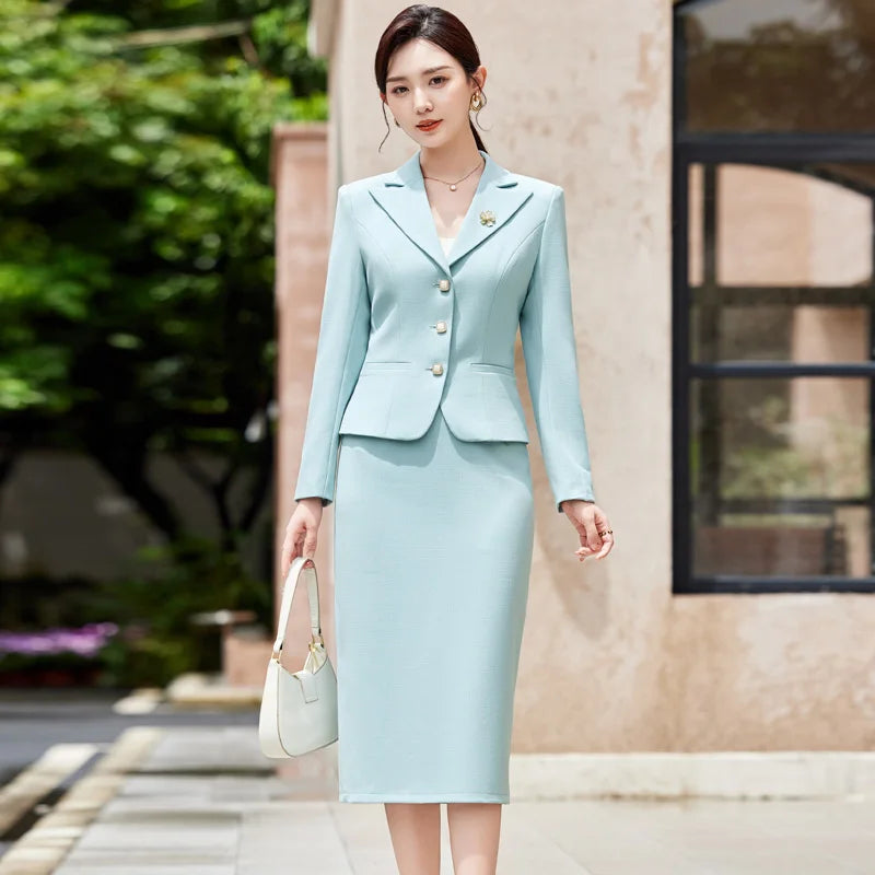 NAVIU Women Elegant Office Skirt Set Temperament Slim Fit Monochromatic Single Breasted Blazer Suits New Fashion Two Piece Set