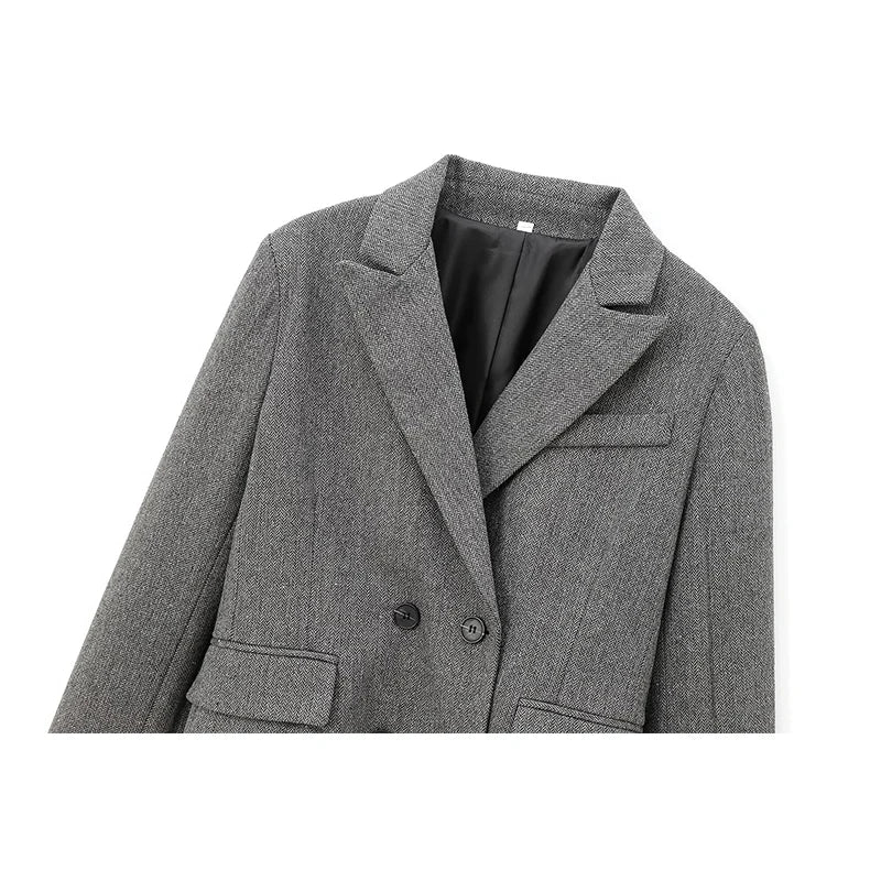 YENKYE Autumn Women Gray Double Breasted Crop Blazer Long Sleeve Lapel Collar Office Lady Elegant Suit Coat High Street Outfits