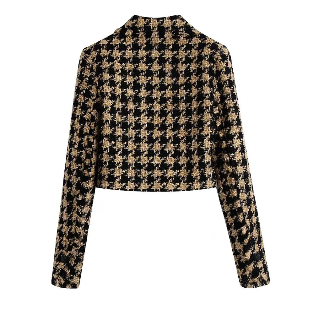XEASY 2021 Tweed Women Two-piece Set Houndstooth Vintage Office Lady Short Blazer Female Casual Slim High Waist Skirt Suit