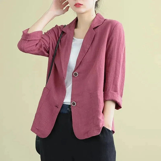 2025 NEW Summer Women Leisure Thin Blazer Jacket Korean Loose Solid Color Cotton Linen Small Suits Coat Female Casual Blazers