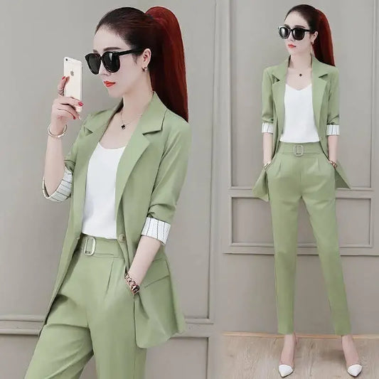 Professional Splicing Outfit Baggy Trouser Suit Green Wear To Work Office Black Womens 2 Pant Sets Blazer and Xxl with Sleeve D