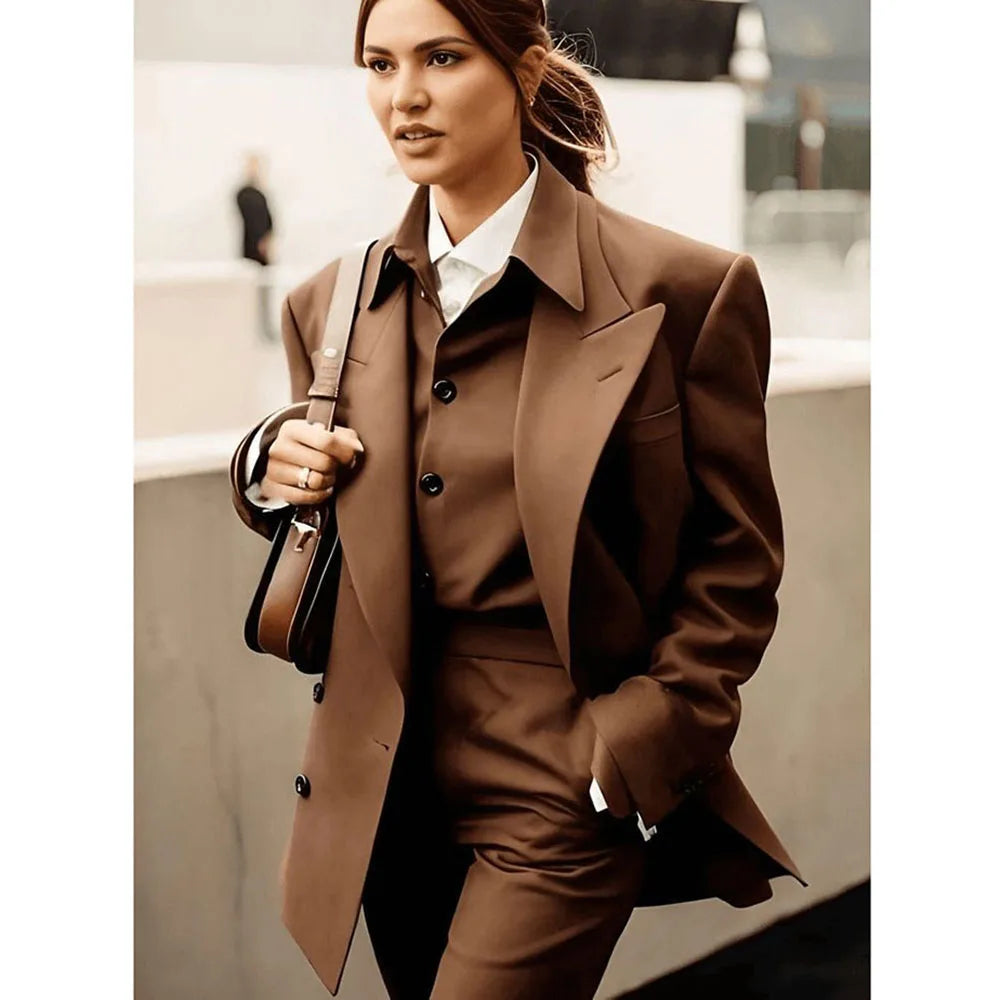 Classy Elegant Brown Suits for Women Notch Lapel 2 Pieces Jacket Pants Lady's Blazers Sets Smart Banquet Office Female Clothing