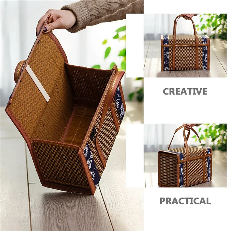 NOCM Picnic Woven Basket Wicker Storage Bag Handle Folded Fruit Shopping Food Handle Rattan Grass Foldable Bamboo Basket