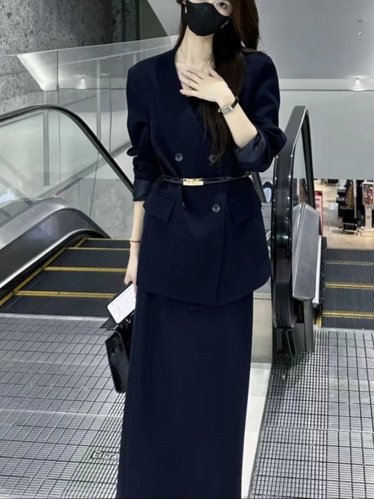Korean Fashion Elegant Women Blazer Skirts Suit Casual Business Formal Suit Jackets Midi Saya 2 Pieces Set Female Chic Clothes
