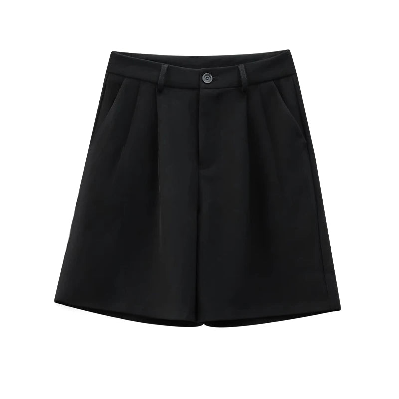 ReddaChic Solid Black Suit Shorts with Pockets Summer Work Casual High Waisted Pleated A Line Wide Leg Dress Pants Women Bottoms