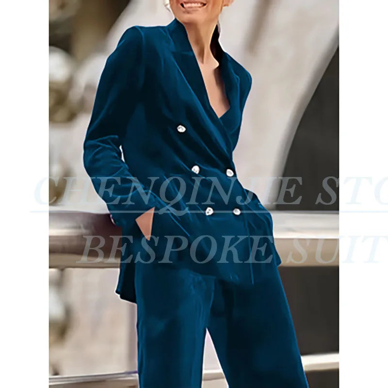 Luxury Purple Women's 2 Piece Sets Suits Chic Double Breasted Peak Lapel Slim Fit Jacket Pants Outfits Velvet Office Blazer 2025