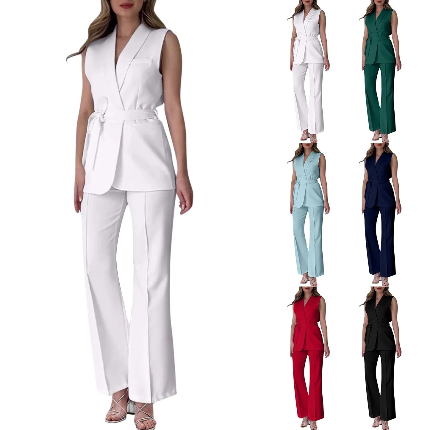 Chic Two-Piece Women's Set Button-Detail Vest with Lapel Neck & Tailored Trousers Versatile Outfit for Work and Sophisticated