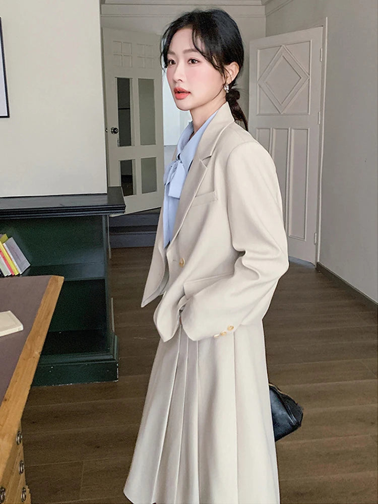 Women's Elegant Fashion Formal 2 Piece Outfit Professional Loose Tops Coat Blazer Pleated Skirt Suit Sets Casual Business Spring