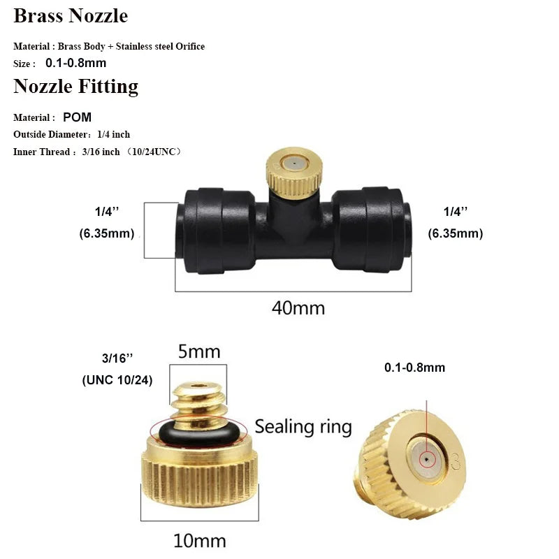 50PCS Threaded Brass Misting Nozzle 0.1-0.8mm Orifice Water Mister Parts Fog Nozzle For Patio Misting System Outdoor Cooling