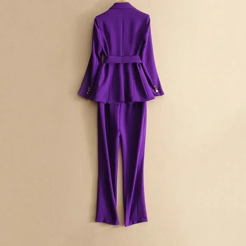 Two Piece Formal Suits Fashion Suit Office Ladies Women's Pantsuit Purple Business Classic with Belt Blazer Straight Pants Set
