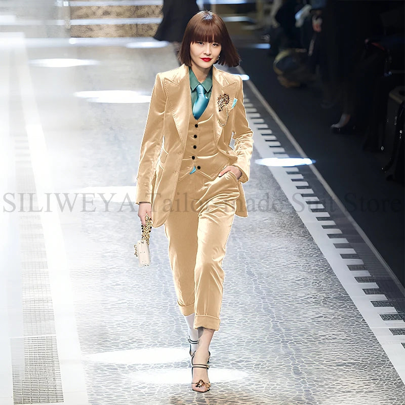 Luxury Green Velvet Winter Clothes for Women 3 Pieces Jacket Pants Vest Female Suits Formal Office Banquet Lady's Blazers Sets