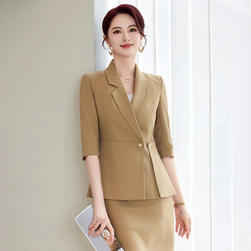 NAVIU Office Ladies Formal Skirt Suit 2 Piece Set Women Cyan Coffee Female Business Work Wear Blazer Jacket And Skirt