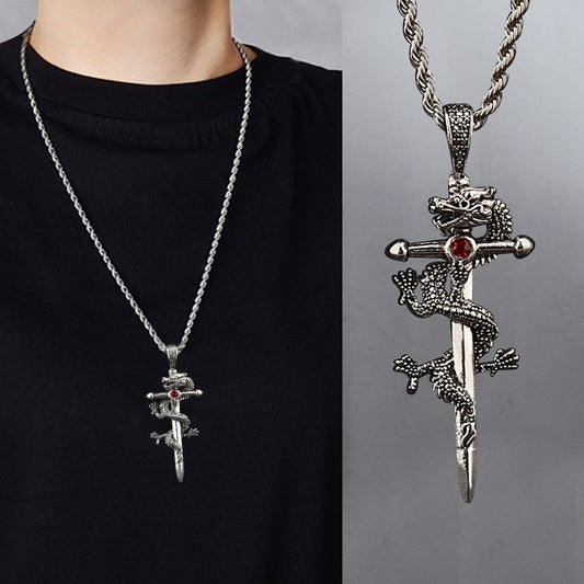 Fashion Jewelry Dragon Sword Pendant Necklace Paved Black Color