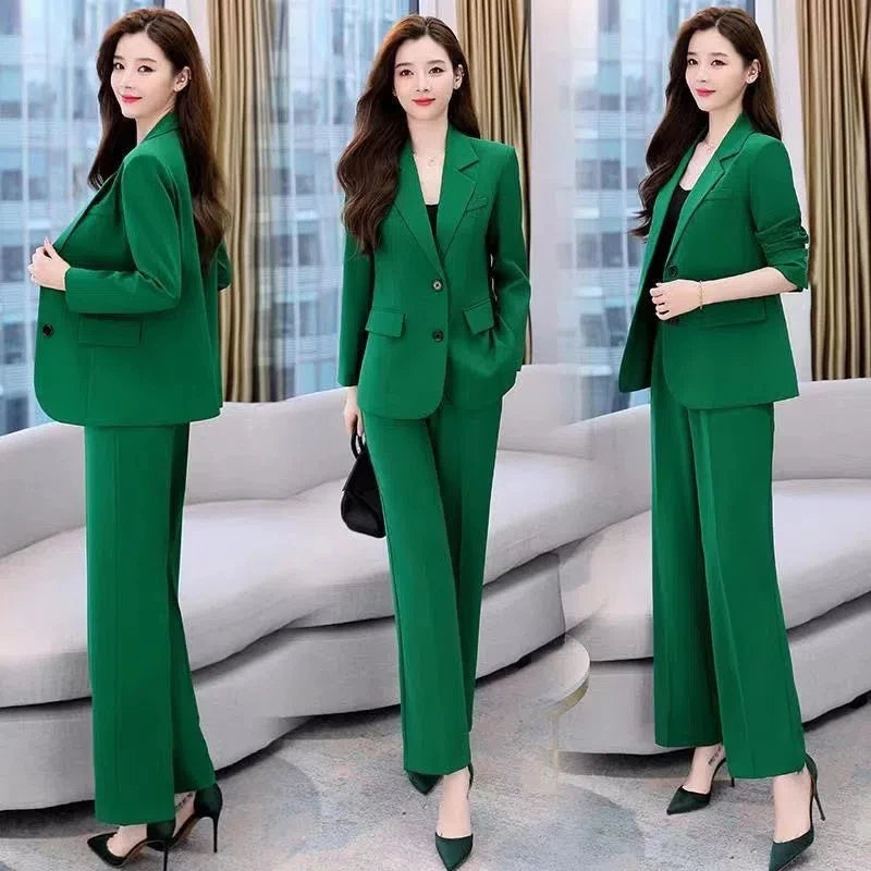 Office Lady Elegant Suit 2024 Spring Korean Unlined Blazer Jacket And Wide Leg Pant 2 Piece Set Women Outfits Conjunto Feminino