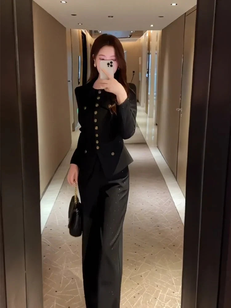 Autumn Women Clothing High End Temperament Black Slim Long Sleeve Top Wide Leg Pants Korean Fashion Two Piece Sets Women Outfits