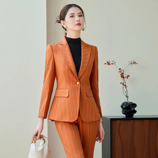ZJYT Elegant Autumn Woman Blazer Suit Set One Button Striped Long Sleeve Jacket and Pants Two Piece Outfit Plus Size Trousers