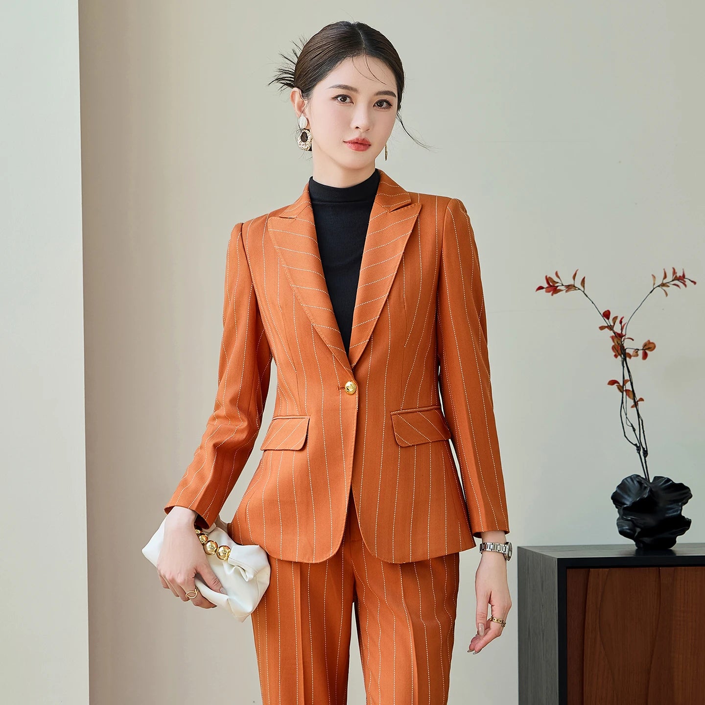 ZJYT Elegant Autumn Woman Blazer Suit Set One Button Striped Long Sleeve Jacket and Pants Two Piece Outfit Plus Size Trousers