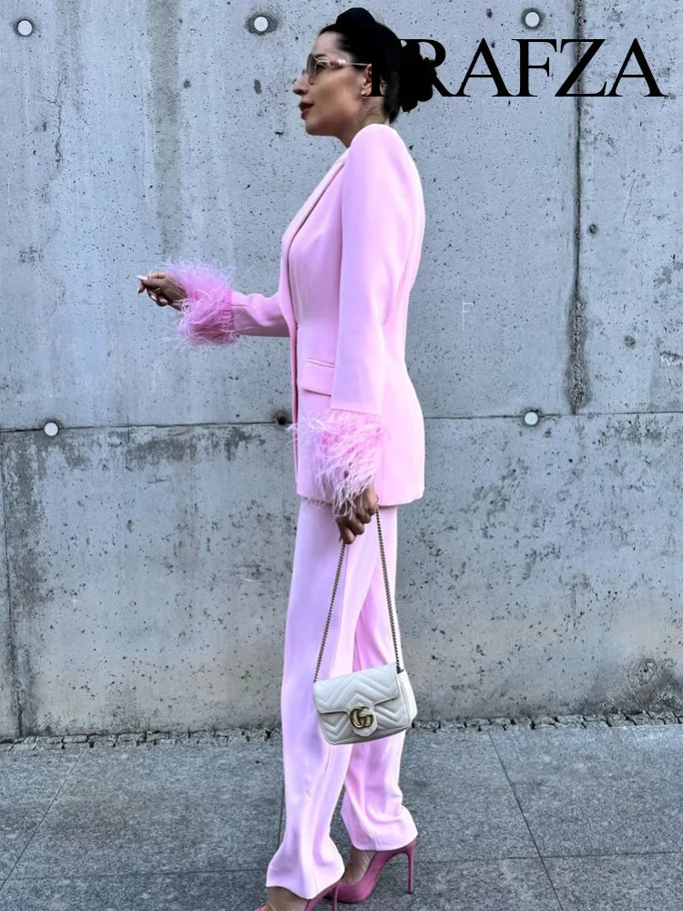 TRAFZA Women Fashion Pink Sets Turn-Down Collar Long Sleeves Single-Breasted Feather Blazer+High Waist Pocket Zipper Long Pants
