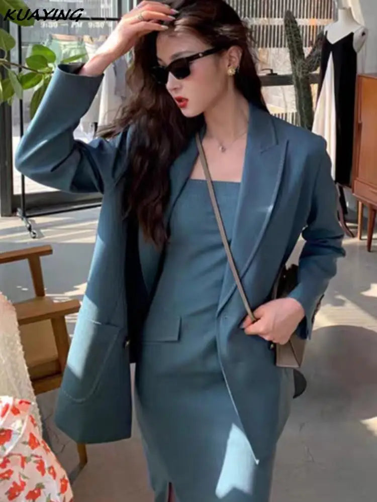 Korean Two Piece Women Sets Blazer Dress Suits Split Straps Bodycon Dresses Female Elegant Jacket Coat Autumn Female Outfits New