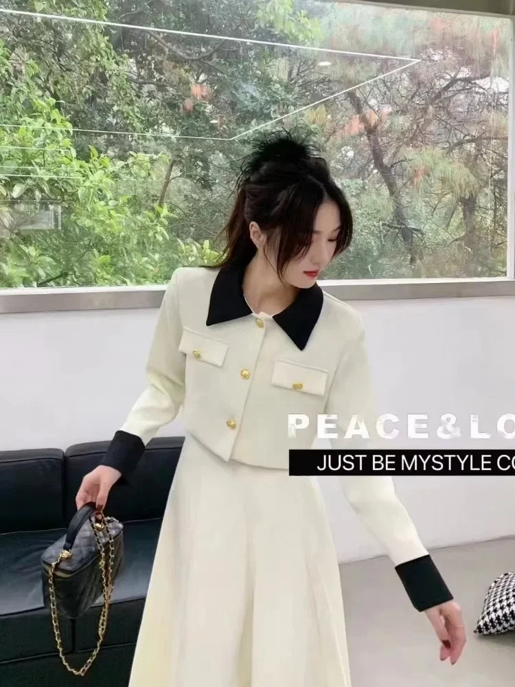 Insozkdg Autumn High Quality Ensemble Femme 2 Piece Sets Women Outfits Fashion Short Jacket Coat + Pleated Skirt Two Piece Set