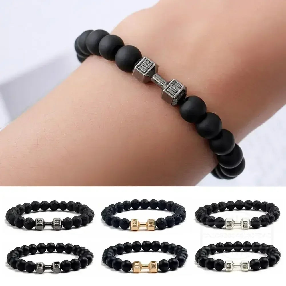 High Quality Men's Beaded Bracelet Natural Black Matte Agate Dumbbell Charm Bracelet Energy Fitness Barbell Fashion Jewelry