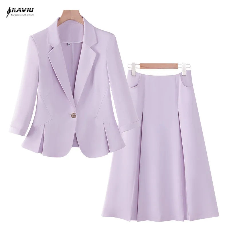 NAVIU Women Skirt Suits Spring Summer Solid Color Skirt Suits Jacket Single Button Ladies Clothes Sale Dropshipping