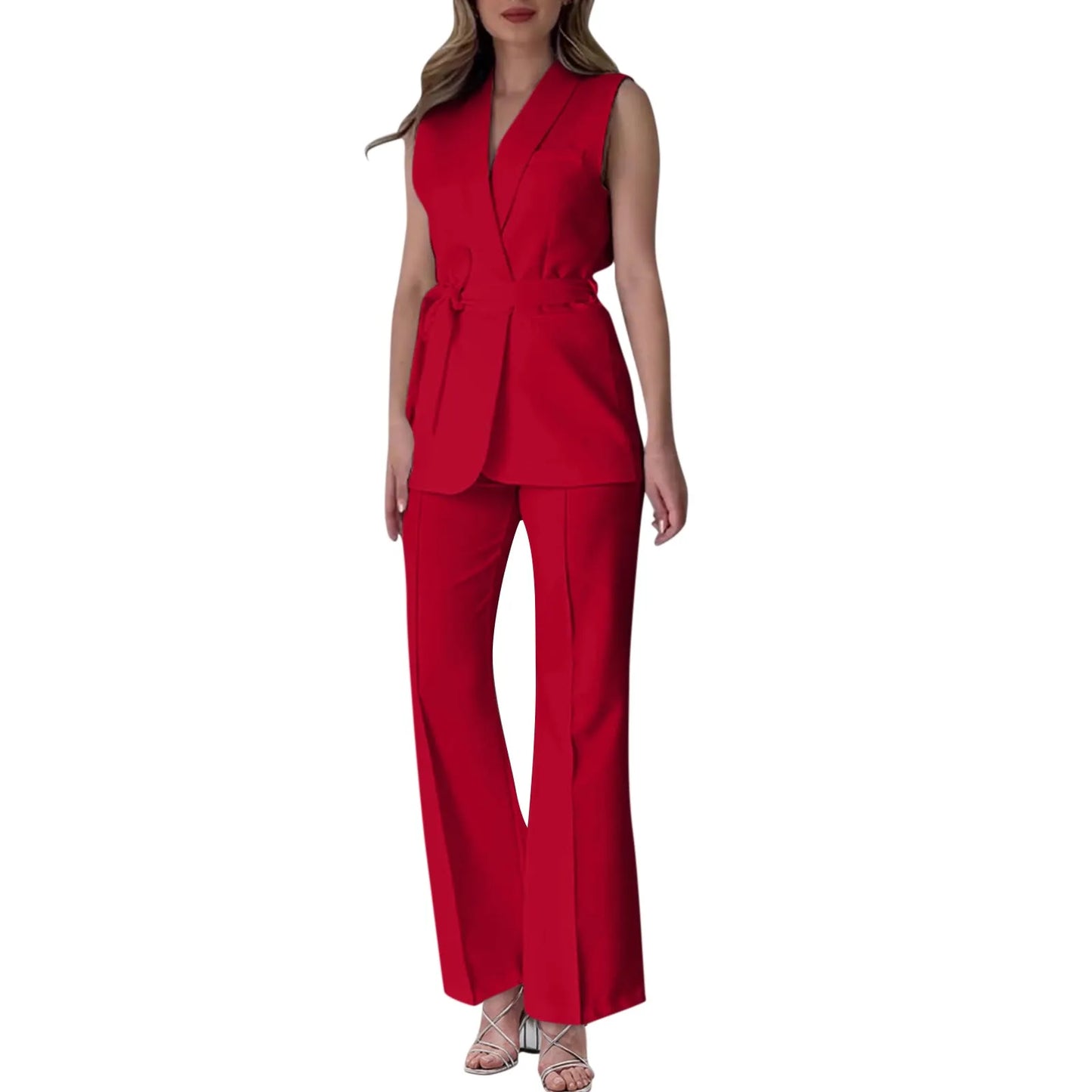 Chic Two-Piece Women's Set Button-Detail Vest with Lapel Neck & Tailored Trousers Versatile Outfit for Work and Sophisticated