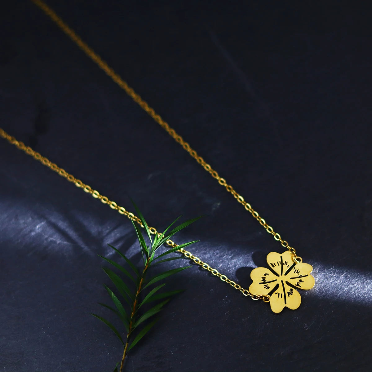 Kinitial Stainless Steel Necklace For Women Man Lover's Flower Leaves Gold Color Pendant Necklace Engagement Jewelry