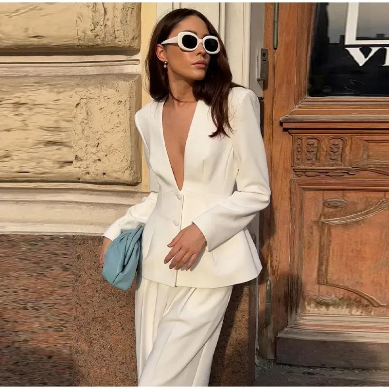 Women White 2 Pieces Set Deep V-neck Single Breasted Blazer Coat High Waist Pants Female Chic 2025 Spring Office Lady Outfits