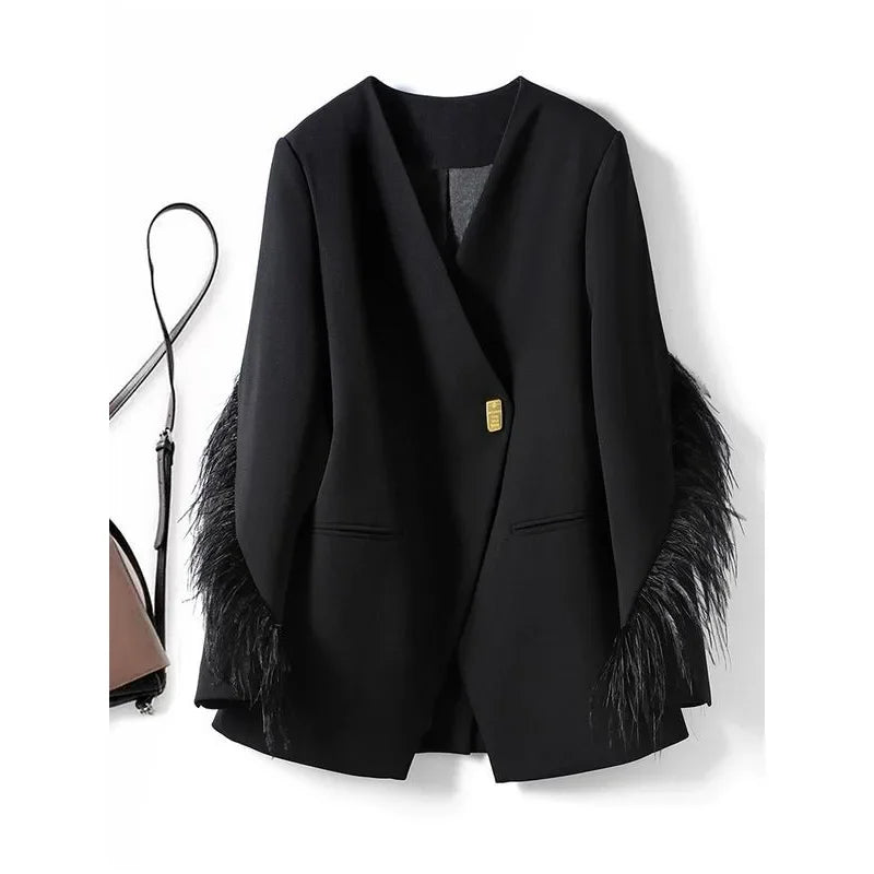 Luxury Spring Autumn Jacket Suit Coats Women Design Blazers Single Button Feather Outerwear Black Blazer Office Ladies Trend New