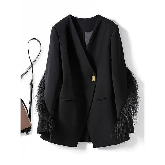 Luxury Spring Autumn Jacket Suit Coats Women Design Blazers Single Button Feather Outerwear Black Blazer Office Ladies Trend New