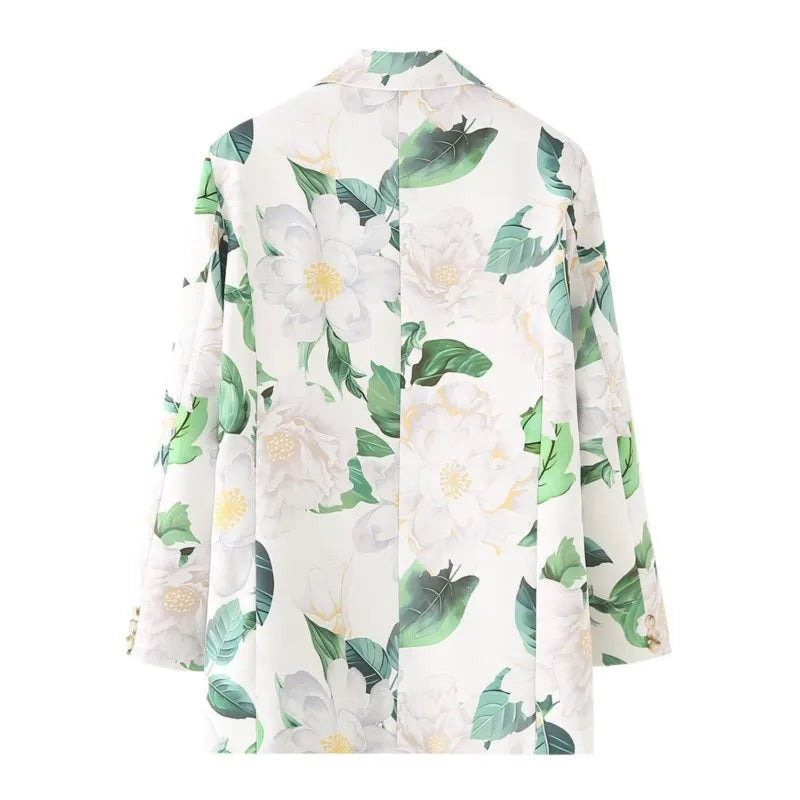 2025 Autumn Women Long Sleeve Mid-Length Flower Print Stylish Lightweight Outerwear Casual Leisure Outfits Business Suit Jackets