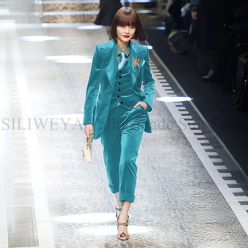 Luxury Green Velvet Winter Clothes for Women 3 Pieces Jacket Pants Vest Female Suits Formal Office Banquet Lady's Blazers Sets