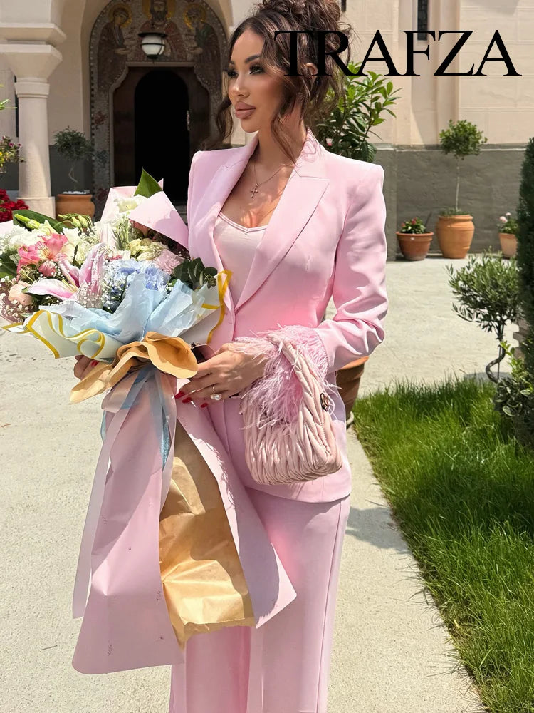 TRAFZA Women Fashion Pink Sets Turn-Down Collar Long Sleeves Single-Breasted Feather Blazer+High Waist Pocket Zipper Long Pants