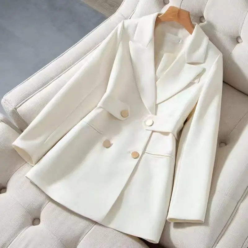 Women Chic Double Breasted Slim Blazers Femme Casual Solid Business Suits with Belt Vintage Office Lady Jackets Elegant Clothing