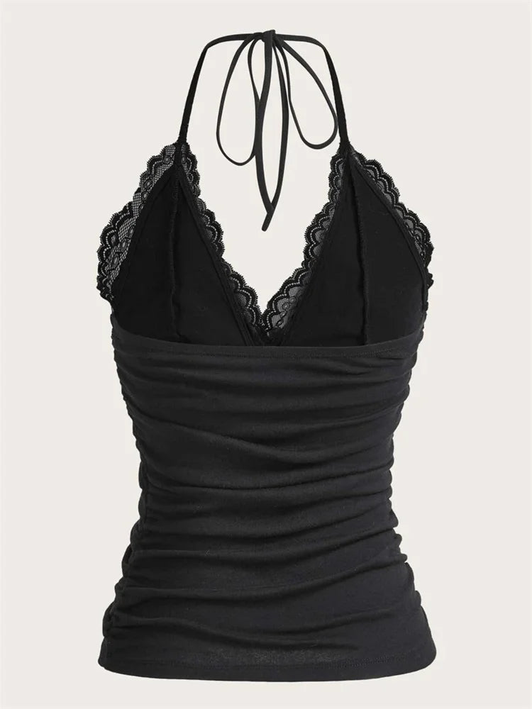 Goth Grunge Punk Black Lace Patchwork Halter Top Women Summer Solid