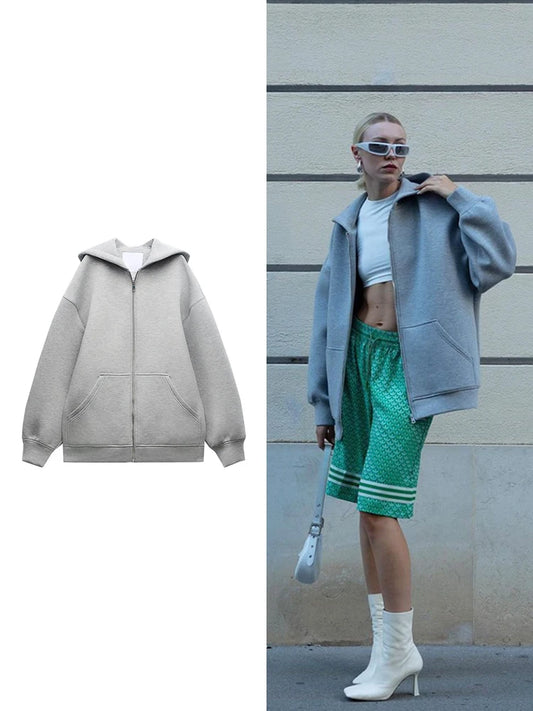 TRAF Women's Fashion Warm Hooded Jacket Fall and Winter Gray Long