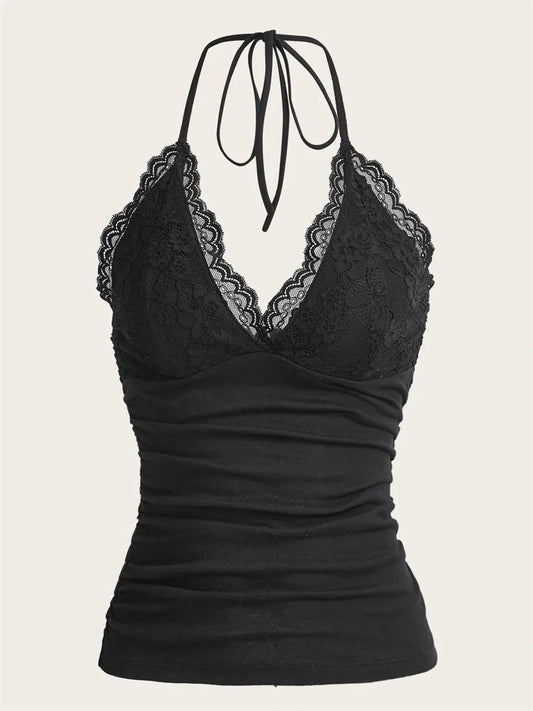 Goth Grunge Punk Black Lace Patchwork Halter Top Women Summer Solid