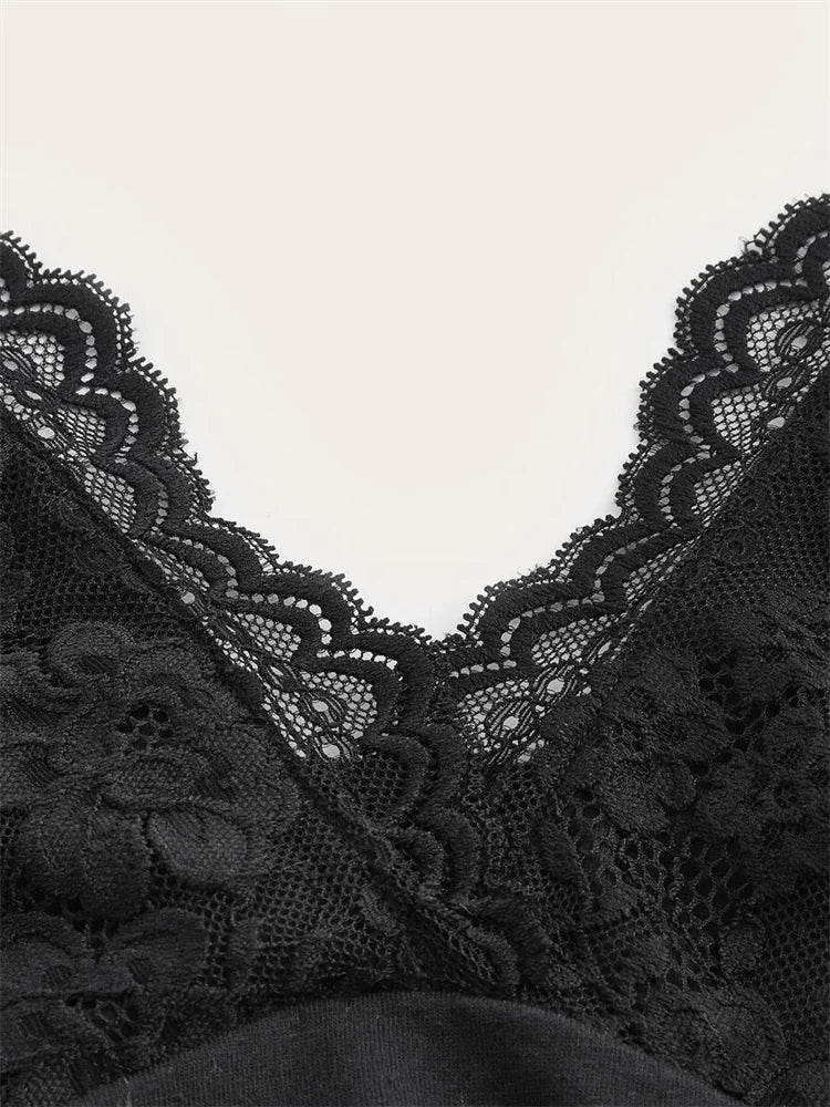 Goth Grunge Punk Black Lace Patchwork Halter Top Women Summer Solid