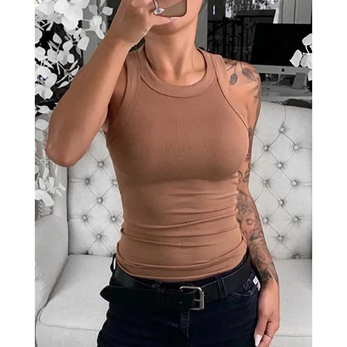 Women Solid Round Neck Ribbed Tank Top Camisole Women Summer Basic
